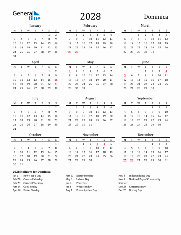 Dominica Holidays Calendar for 2028