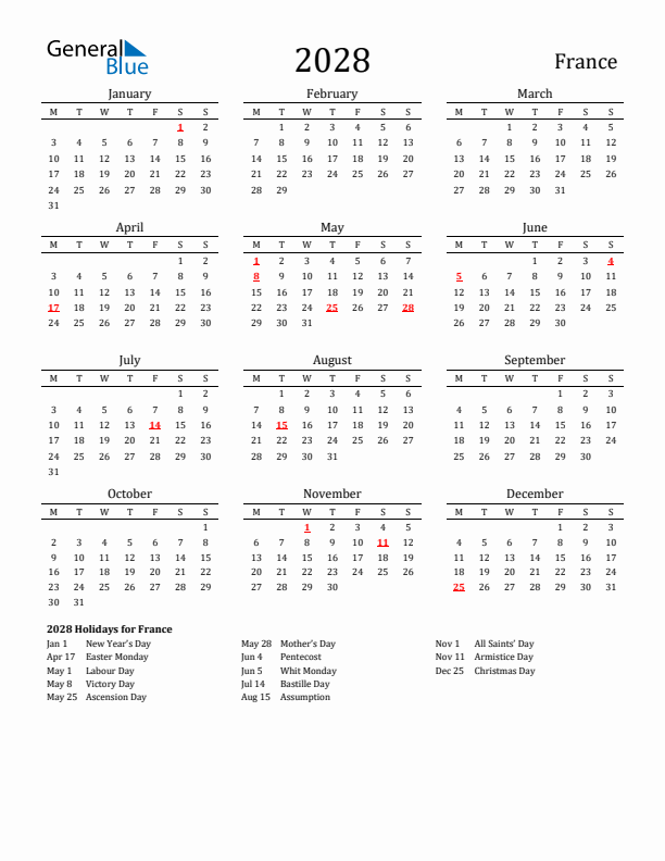 France Holidays Calendar for 2028