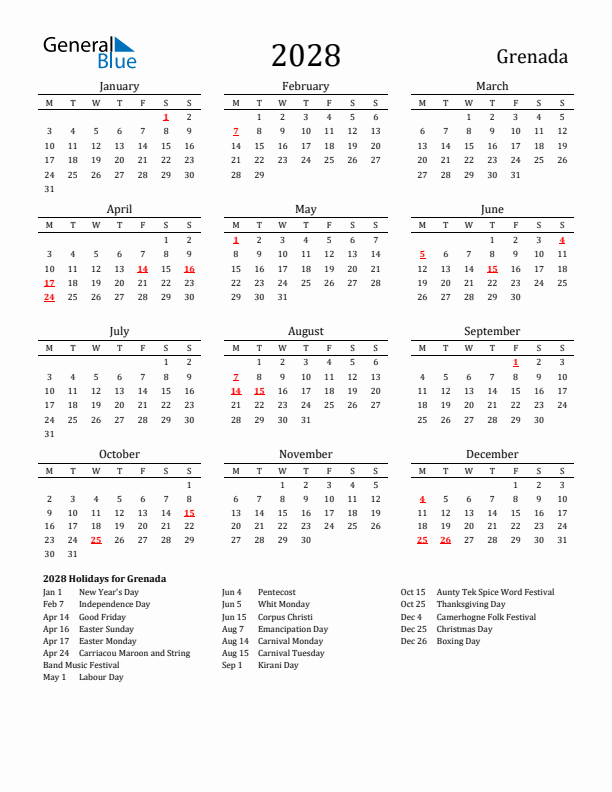 Grenada Holidays Calendar for 2028