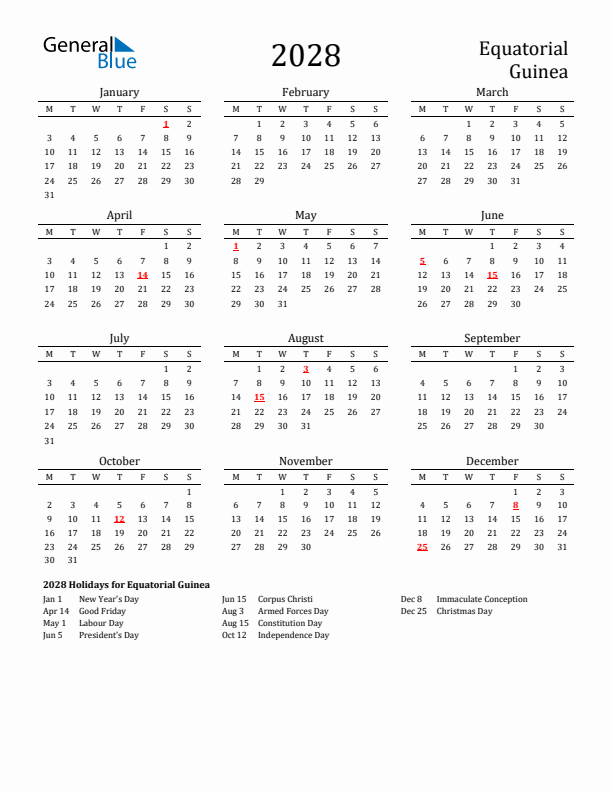 Equatorial Guinea Holidays Calendar for 2028