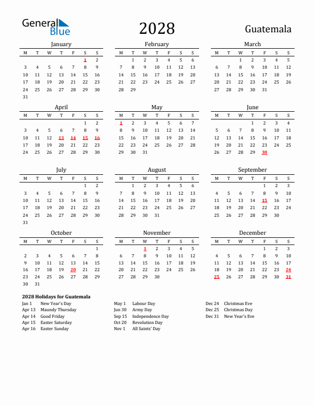 Guatemala Holidays Calendar for 2028