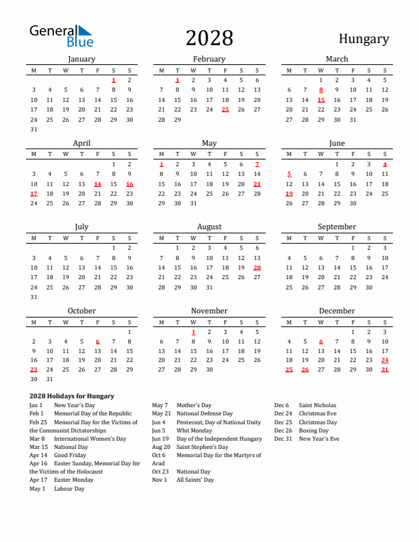 Hungary Holidays Calendar for 2028