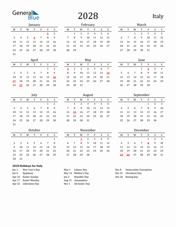 Italy Holidays Calendar for 2028