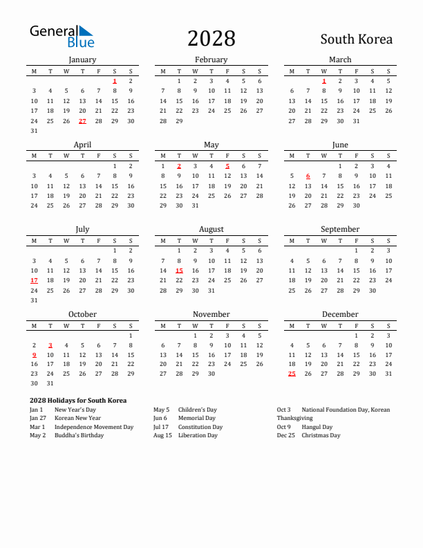 South Korea Holidays Calendar for 2028