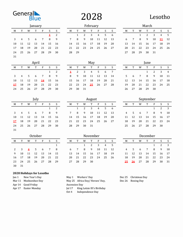 Lesotho Holidays Calendar for 2028