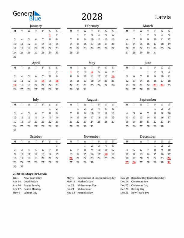 Latvia Holidays Calendar for 2028