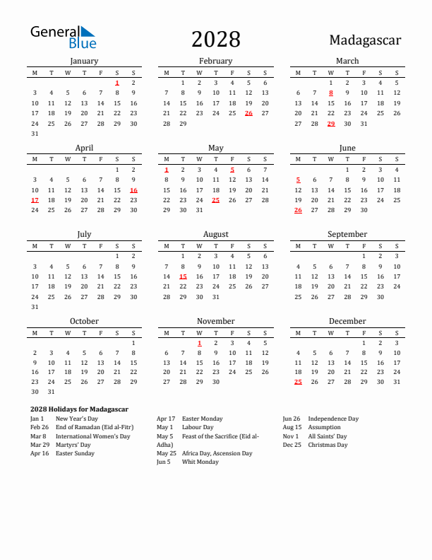 Madagascar Holidays Calendar for 2028