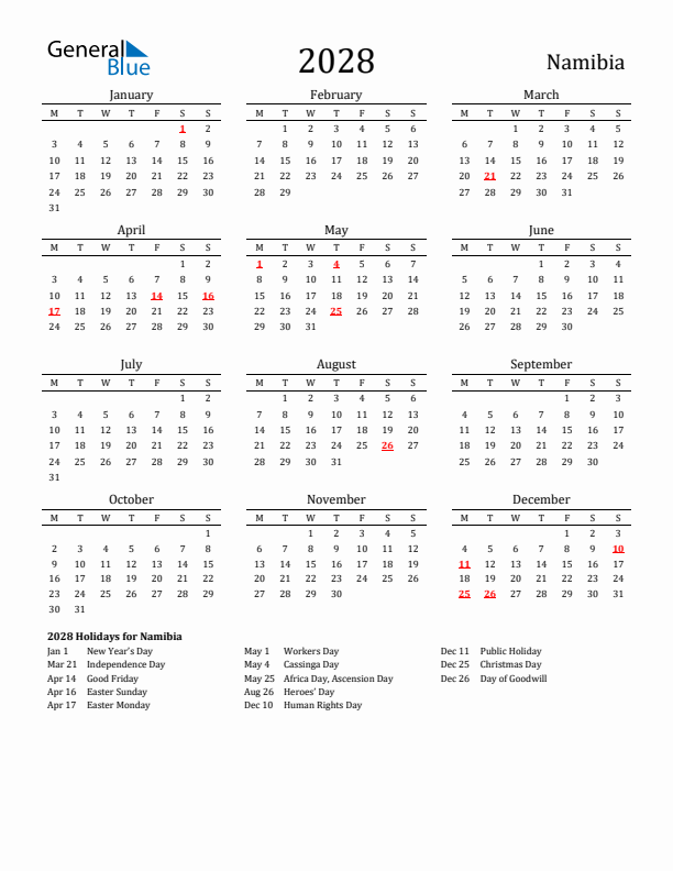 Namibia Holidays Calendar for 2028