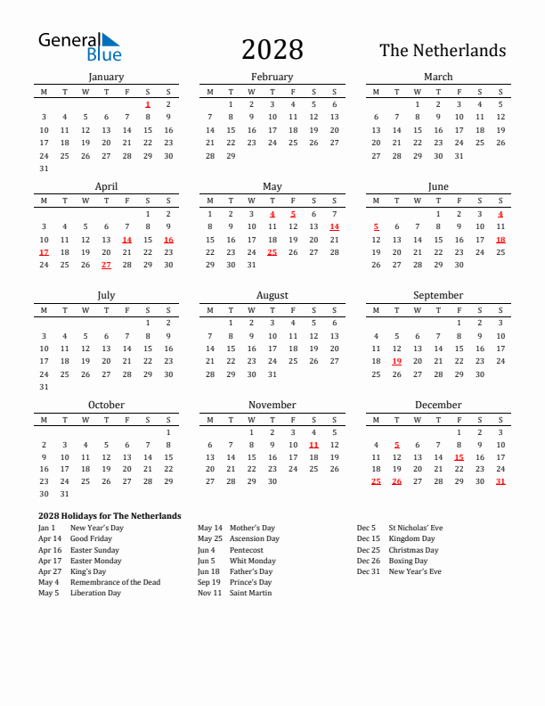 The Netherlands Holidays Calendar for 2028