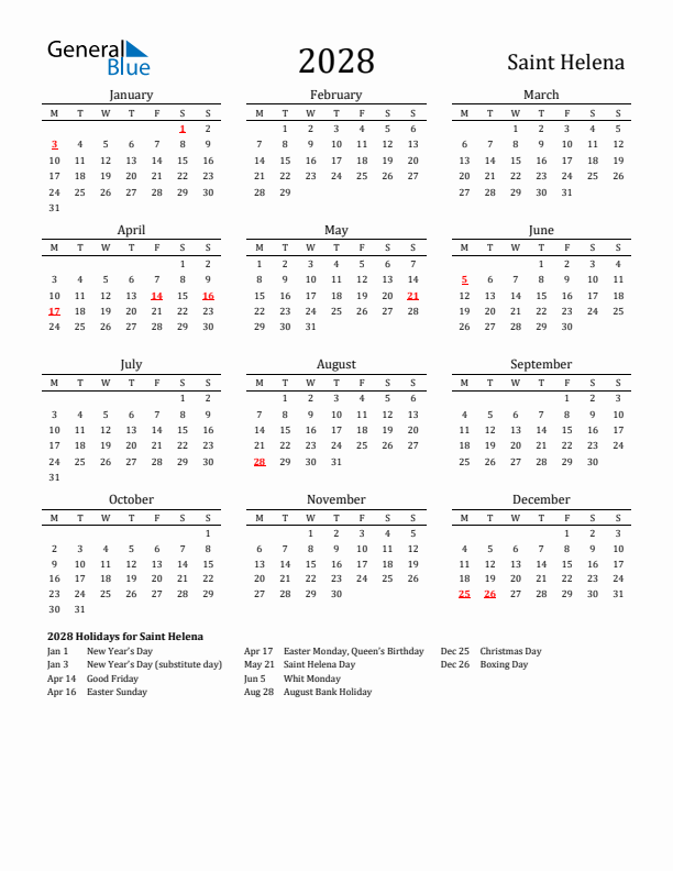 Saint Helena Holidays Calendar for 2028