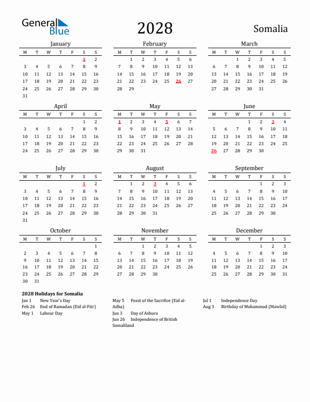 Somalia Holidays Calendar for 2028