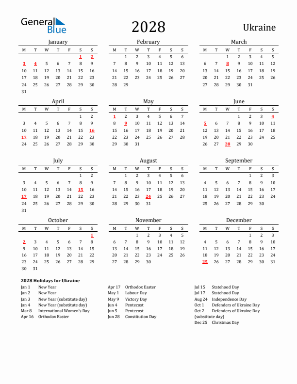 Ukraine Holidays Calendar for 2028