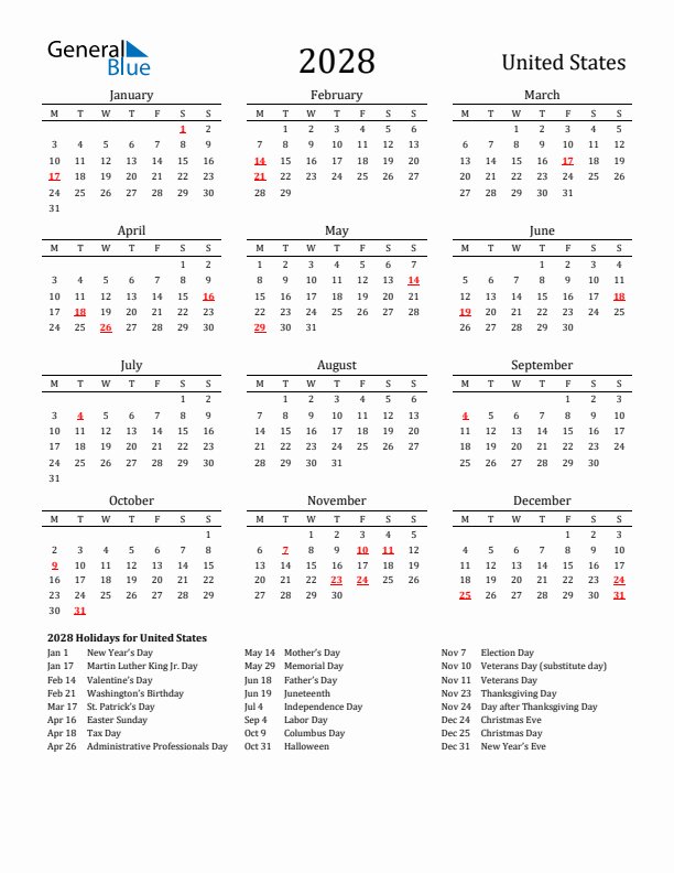 United States Holidays Calendar for 2028