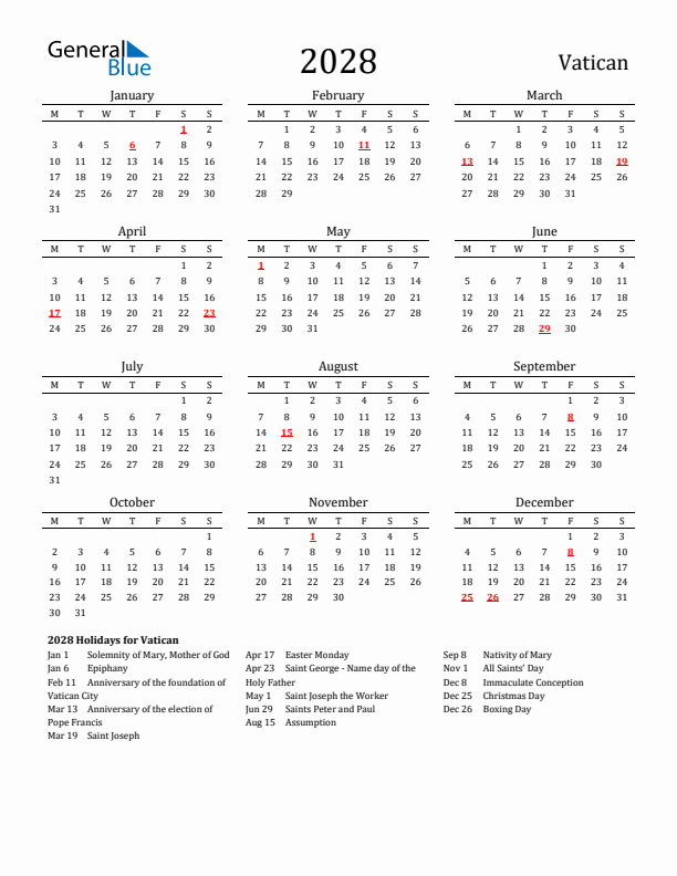 Vatican Holidays Calendar for 2028