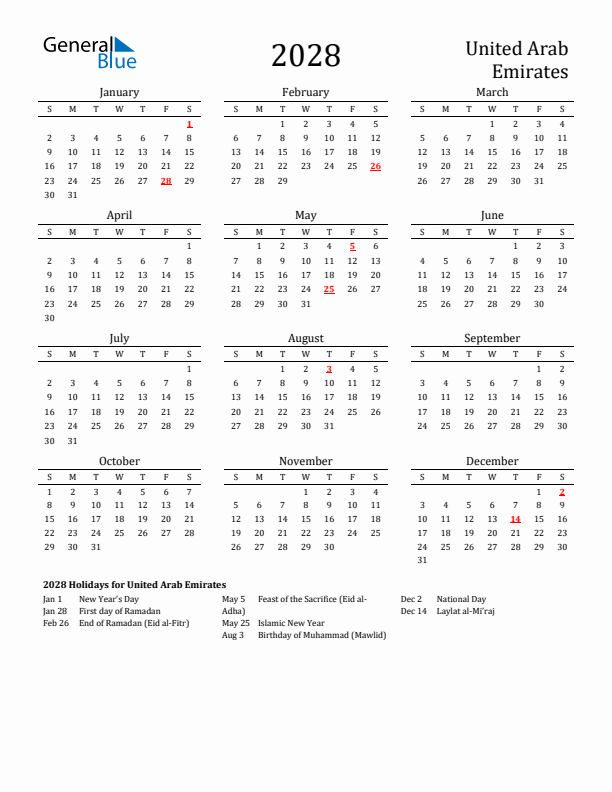 United Arab Emirates Holidays Calendar for 2028