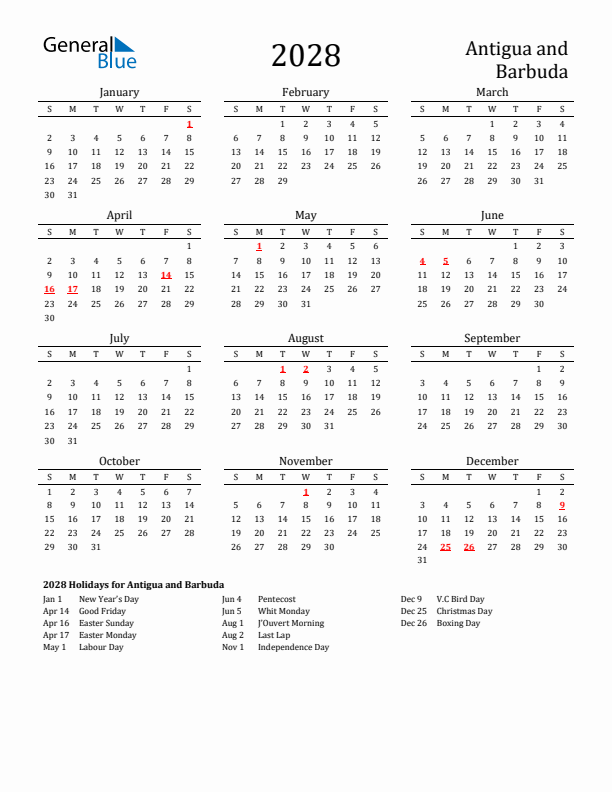 Antigua and Barbuda Holidays Calendar for 2028