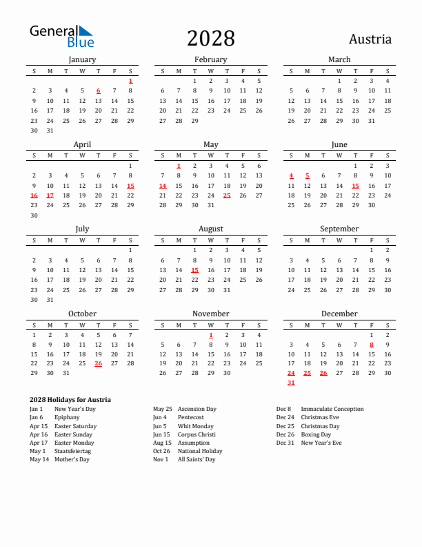 Austria Holidays Calendar for 2028