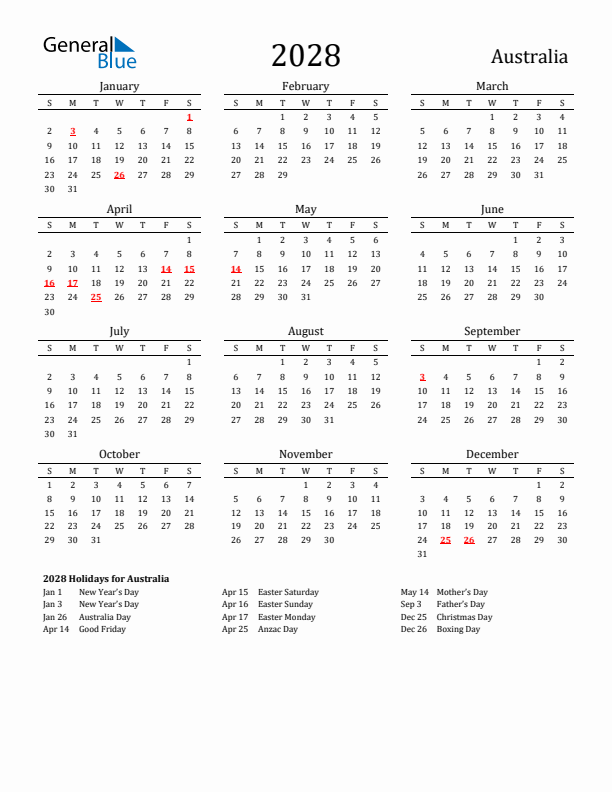 Australia Holidays Calendar for 2028