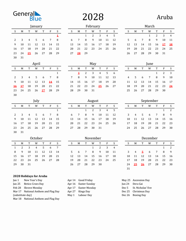 Aruba Holidays Calendar for 2028