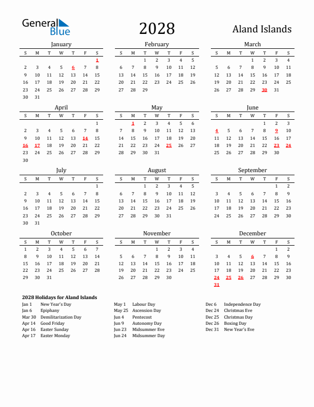 Aland Islands Holidays Calendar for 2028