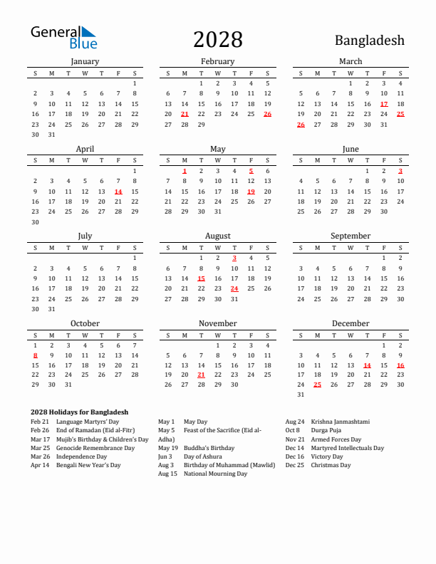 Bangladesh Holidays Calendar for 2028