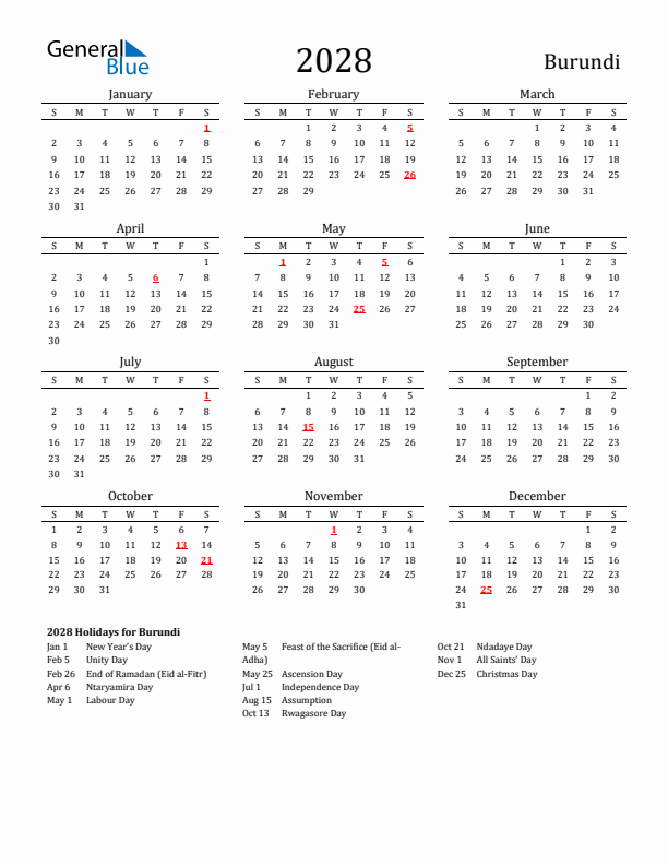 Burundi Holidays Calendar for 2028