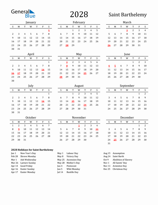 Saint Barthelemy Holidays Calendar for 2028