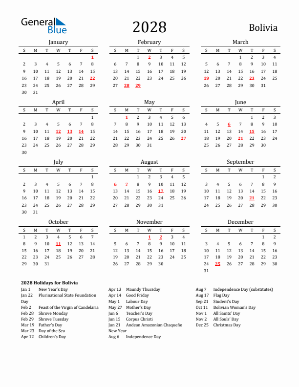 Bolivia Holidays Calendar for 2028