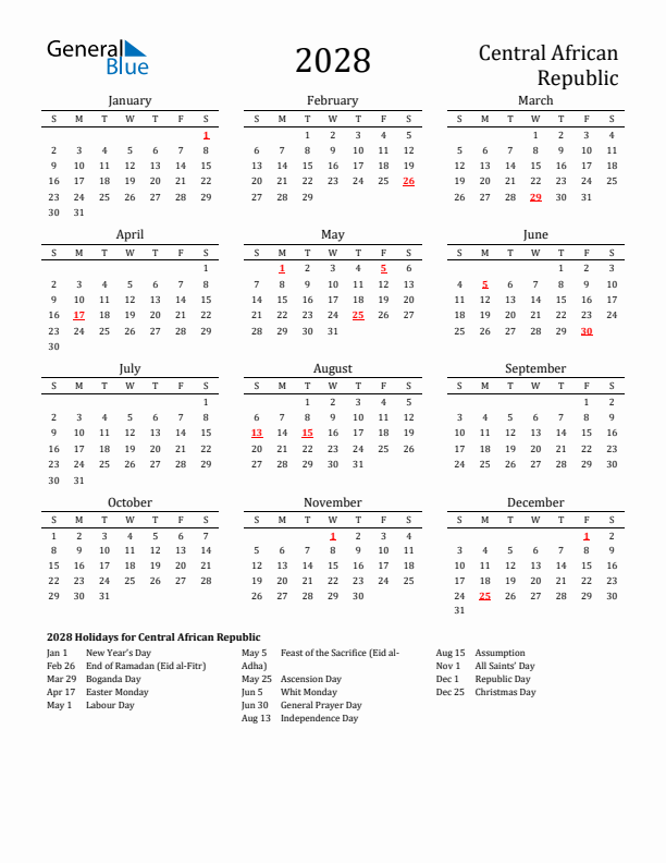 Central African Republic Holidays Calendar for 2028