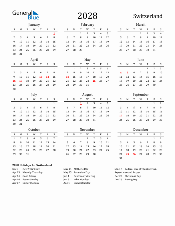 Switzerland Holidays Calendar for 2028