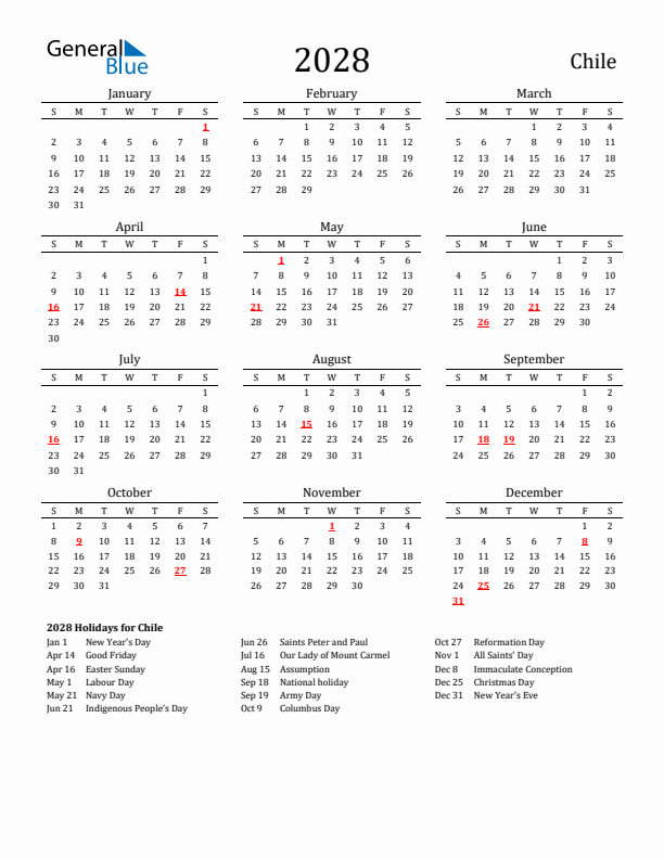 Chile Holidays Calendar for 2028