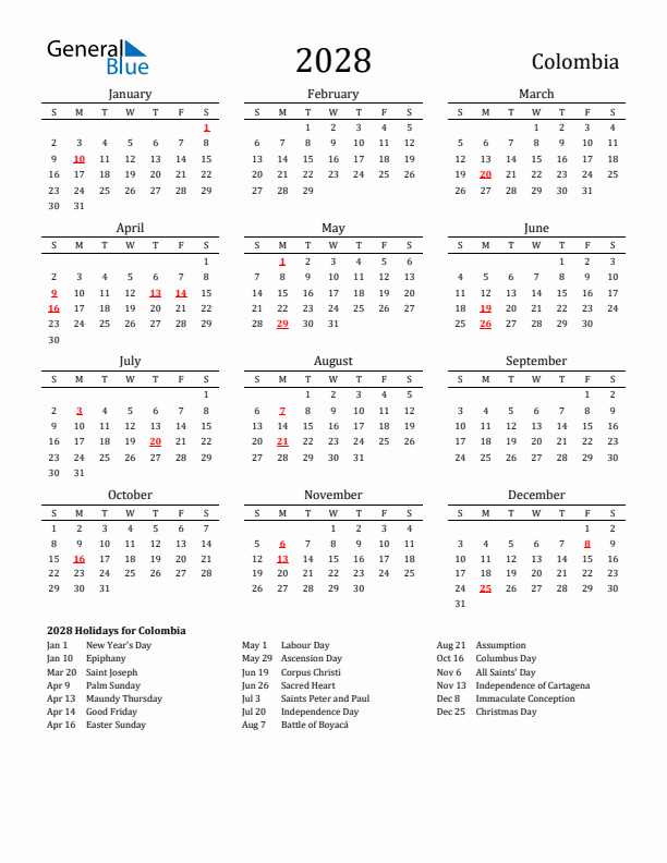 Colombia Holidays Calendar for 2028