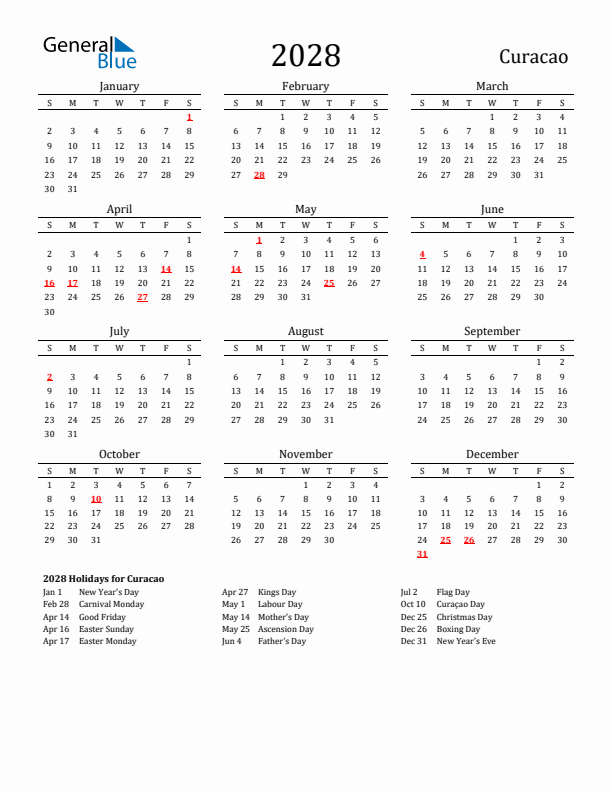 Curacao Holidays Calendar for 2028