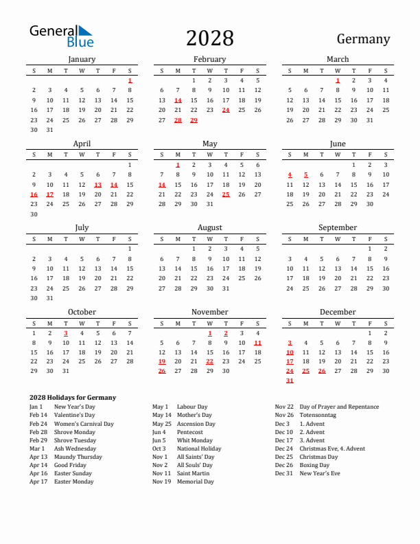 Germany Holidays Calendar for 2028