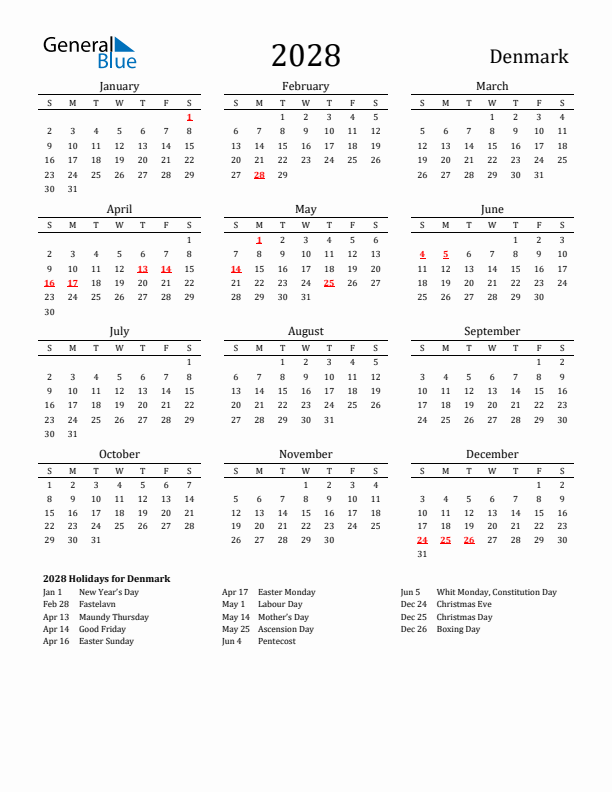 Denmark Holidays Calendar for 2028