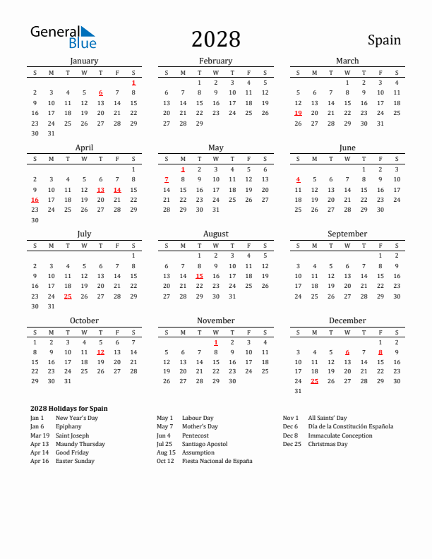 Spain Holidays Calendar for 2028