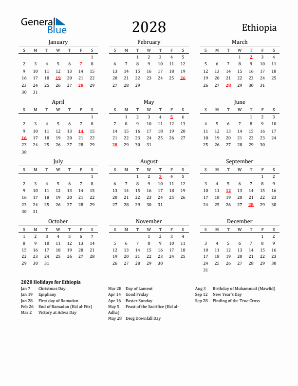 Ethiopia Holidays Calendar for 2028