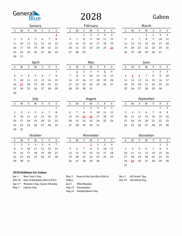 Gabon Holidays Calendar for 2028