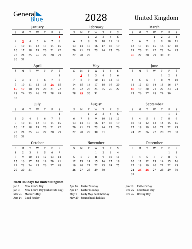 United Kingdom Holidays Calendar for 2028