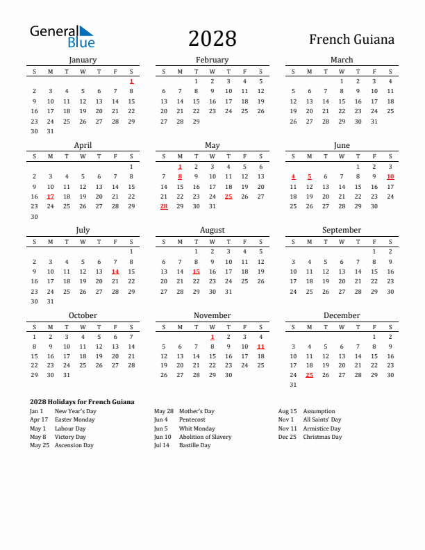 French Guiana Holidays Calendar for 2028