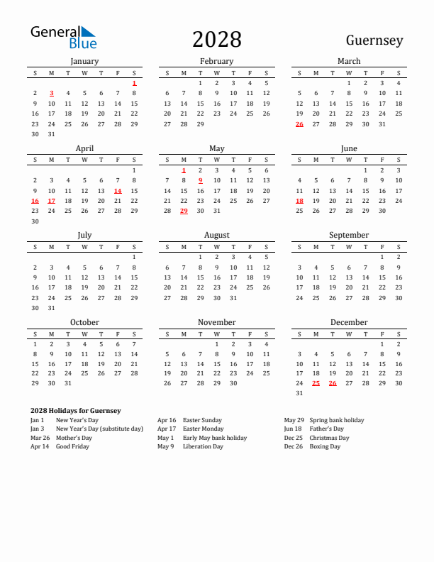 Guernsey Holidays Calendar for 2028