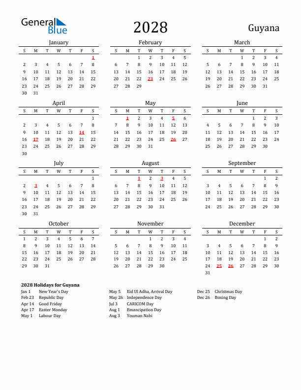 Guyana Holidays Calendar for 2028