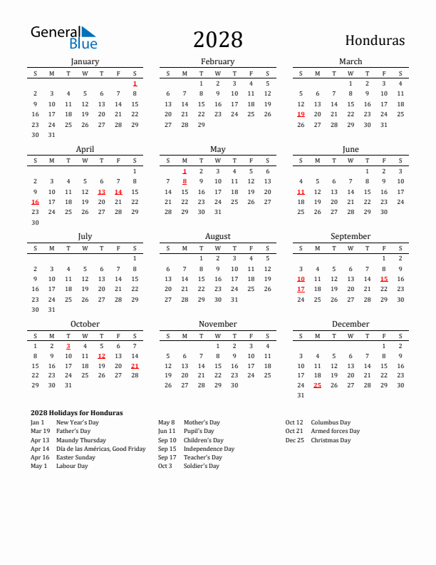 Honduras Holidays Calendar for 2028