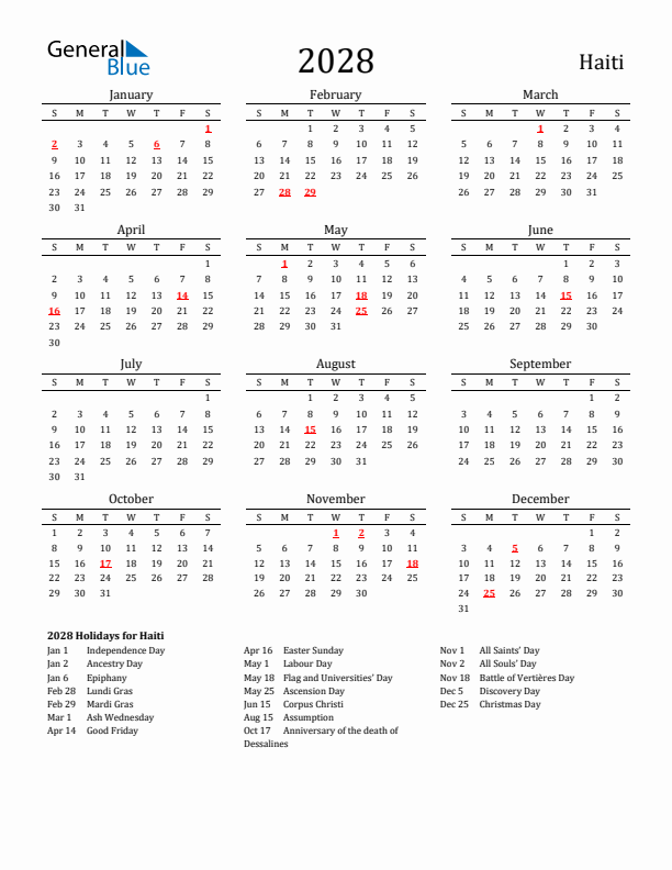 Haiti Holidays Calendar for 2028