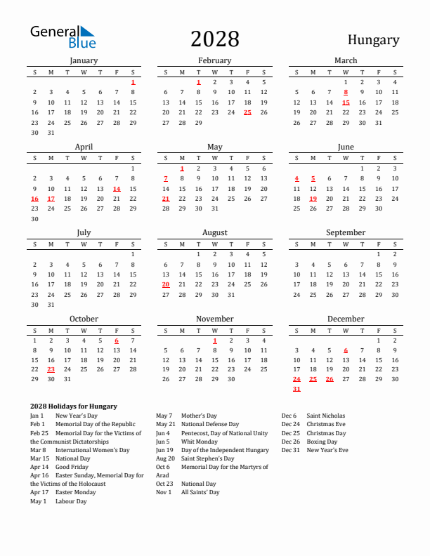 Hungary Holidays Calendar for 2028