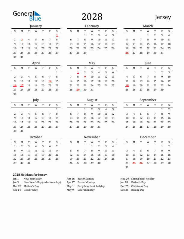 Jersey Holidays Calendar for 2028