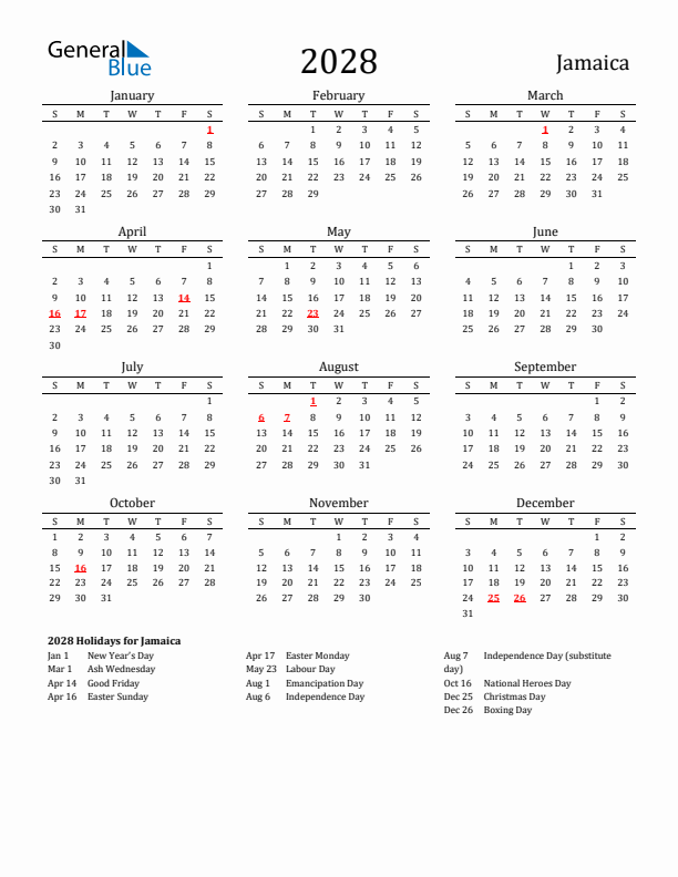 Jamaica Holidays Calendar for 2028