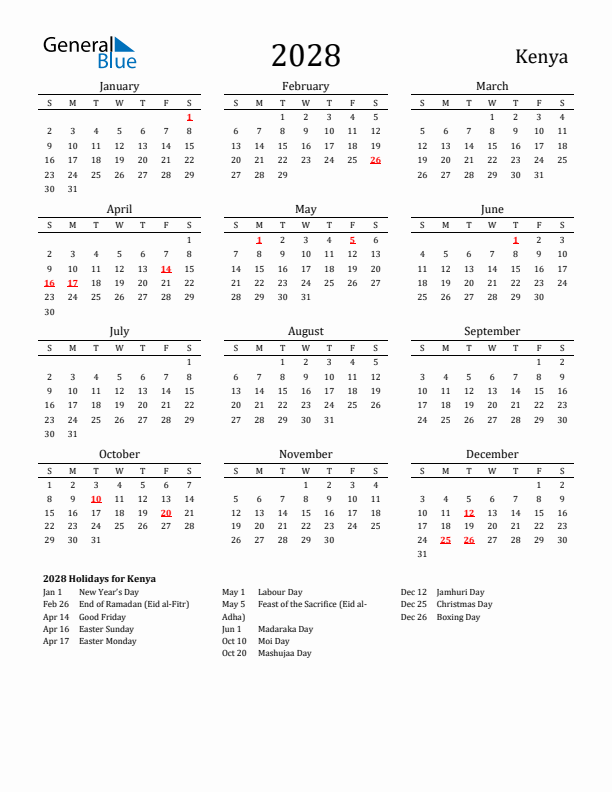 Kenya Holidays Calendar for 2028