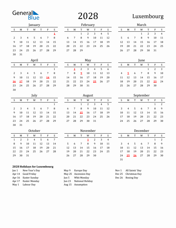 Luxembourg Holidays Calendar for 2028