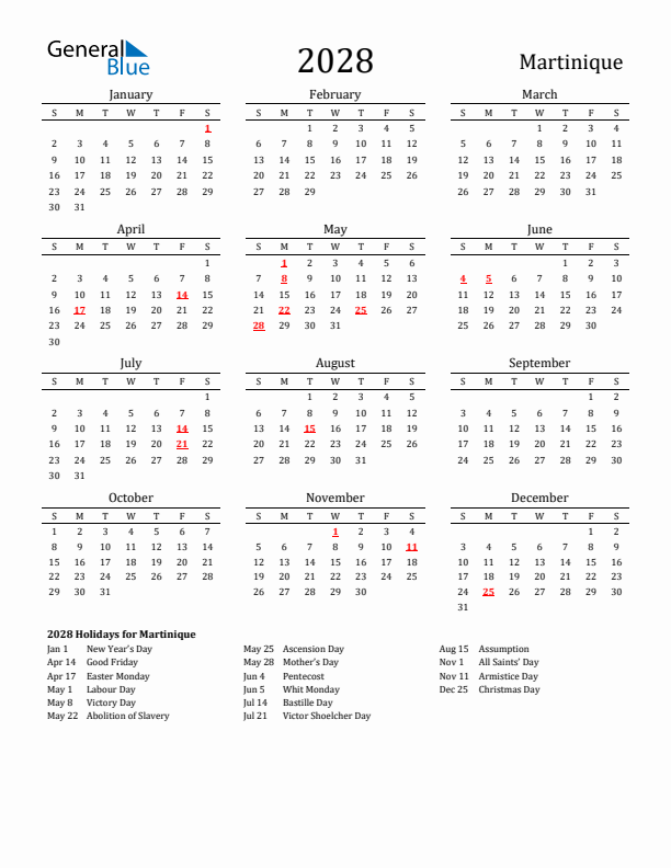 Martinique Holidays Calendar for 2028